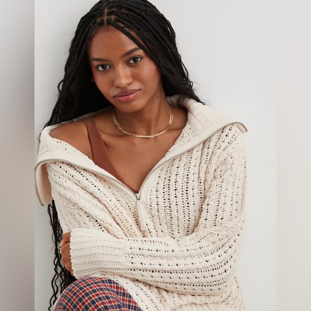 aerie Cable Car Quarter Zip Sweater .